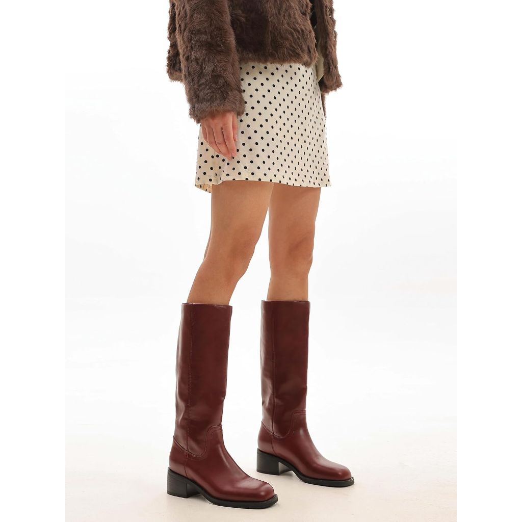 Suiara - Knee High Boots Women Square Toe, Burgundy, 8.5