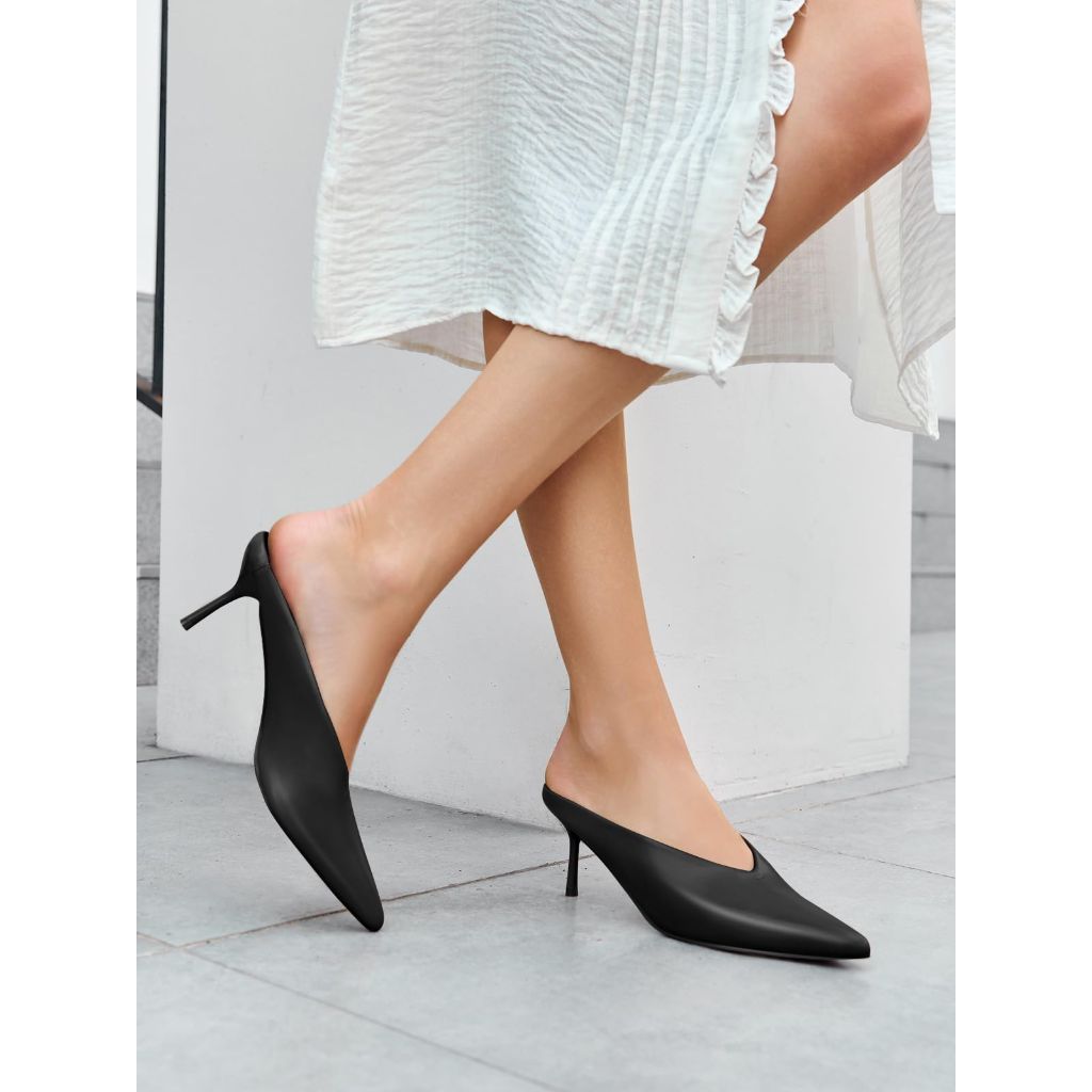 Coutgo Womens High Heels Mules Closed Pointed Toe Shoes, Black - Size 8