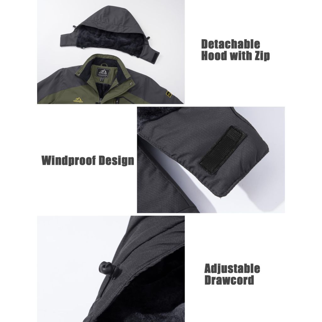 FASKUNOIE Men's Winter Ski Jackets Water Resistant Fleece Coats Insulated Thermal Snowboard Parka with Hood Army Green