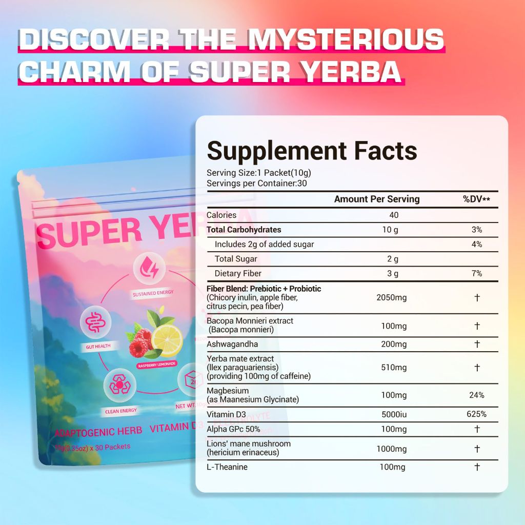 Super Yerba Mate Instant Tea Powder with Prebiotics & Probiotics - Raspberry Lemonade Flavor 30 Servings
