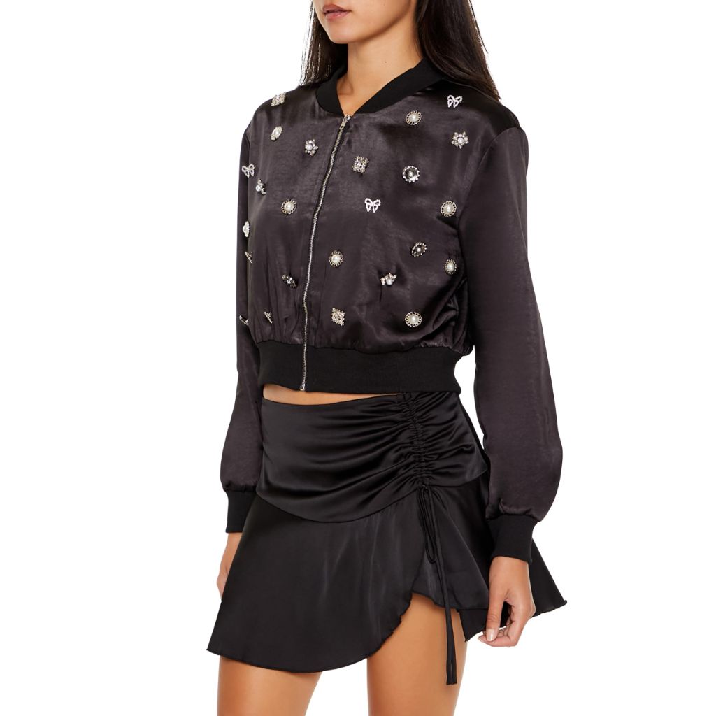 Forever 21 Women's Rhinestone Charm Bomber Jacket Black Small