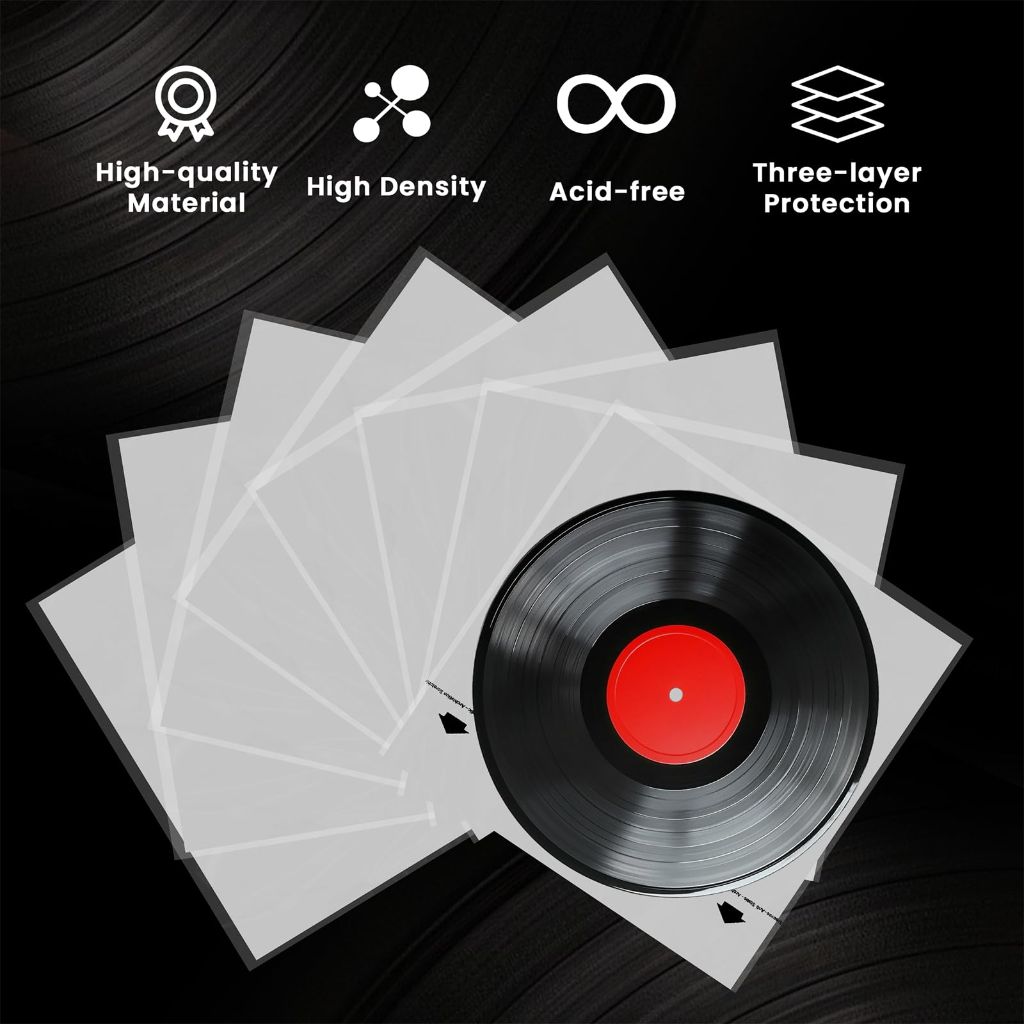 Fektik Vinyl Record Inner Sleeves, 12-inch Anti-Static, 3 Layer Archival Quality - 50ct.