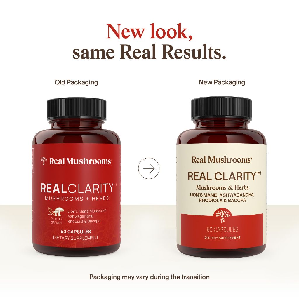 Real Mushrooms RealClarity Capsules, Lion’s Mane, KSM-66 Ashwagandha, Rhodiola & Bacopa - 60ct