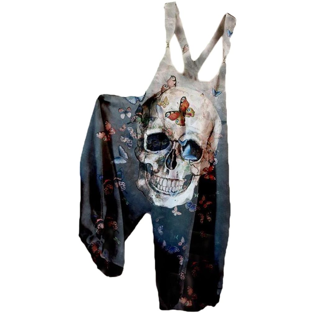 PAODIKUAI Women's Casual Skull Printed Overalls Loose Rompers Jumpsuit with Pockets (S7, Small)