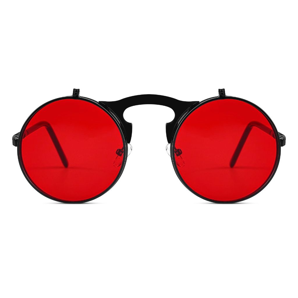 Yvey Unisex Retro 80s/90s Flip-Up Round Sunglasses Steampunk Rave Shades with Double Lenses (Black Frame/Red Lens)