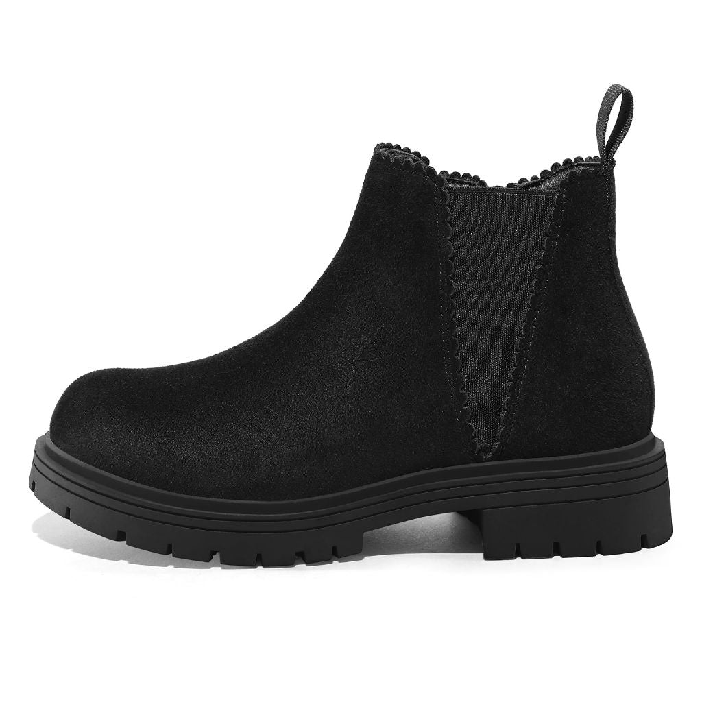 K KomForme Girls Ankle Boots with Side Zipper Chelsea Booties Lug Sole，Size 2 Big Kid，Black Suede