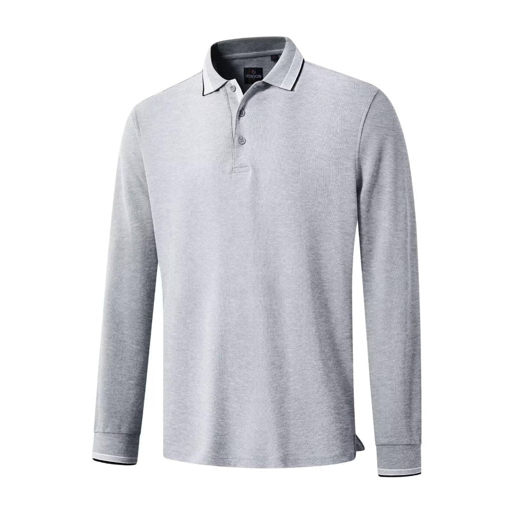 Men's Long Sleeve Polo Shirts with Tipped Collar, 3XL, Light Grey
