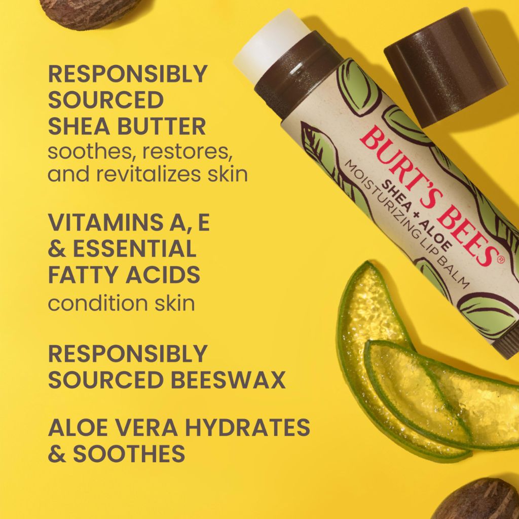 Burt's Bees Shea and Aloe Moisturizing Lip Balm, Lip Moisturizer With Responsibly Sourced Beeswax, 4 Tubes, 0.15 oz.