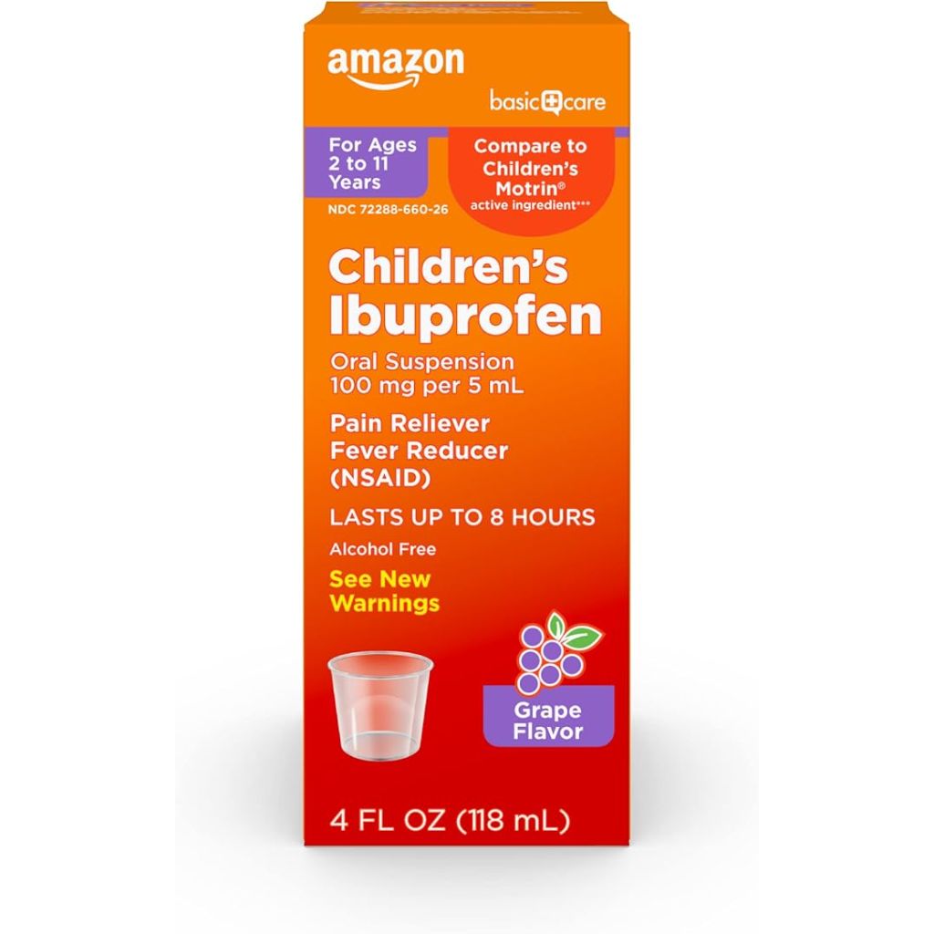 Amazon Basic Care Children's Ibuprofen Oral Suspension Pain Reliever and Fever Reducer - Grape, 4 fl. oz.