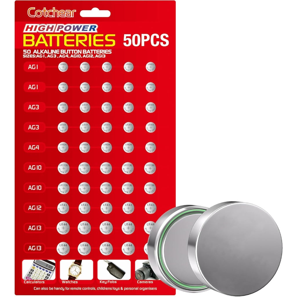 Cotchear High Power Alkaline Coin Cell Batteries -50pcs (Assorted Sizes)