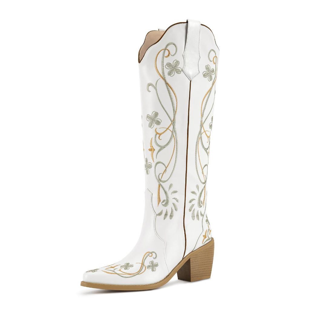 SZ 6, Wetkiss Knee High White Cowgirl Western Cowboy Boots for Women with Floral Embroidered