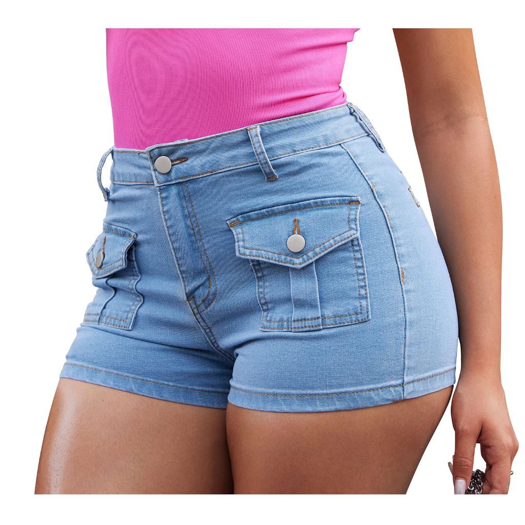 GOBLES Women's High Stretch Slim Fit Cargo Denim Shorts with Front Pockets, Blue, Medium