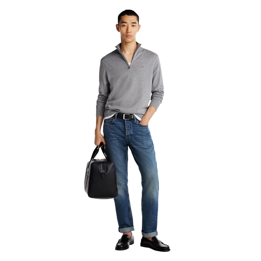 Tommy Hilfiger Men's Essential Cotton Quarter Zip Mock Sweater, Medium Grey Heather, Small