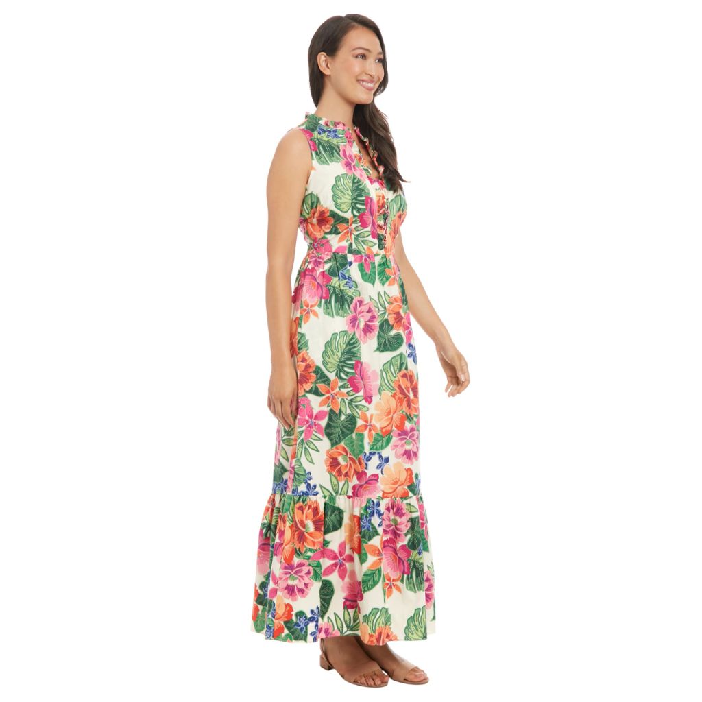 London Times Women's Printed Cotton Poplin Maxi Dress - Mandarin Collar - Tiered Ruffled Hem Dresses, Ivory/Pink, 6