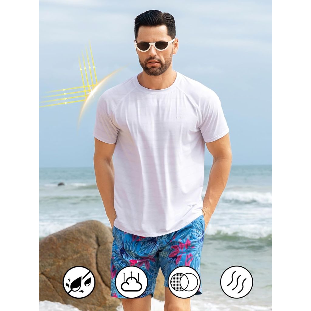 SZ S, Men's Rash Guard Swim Shirts UPF 50+ Short Sleeve Fishing Quick Dry | Dark Grey