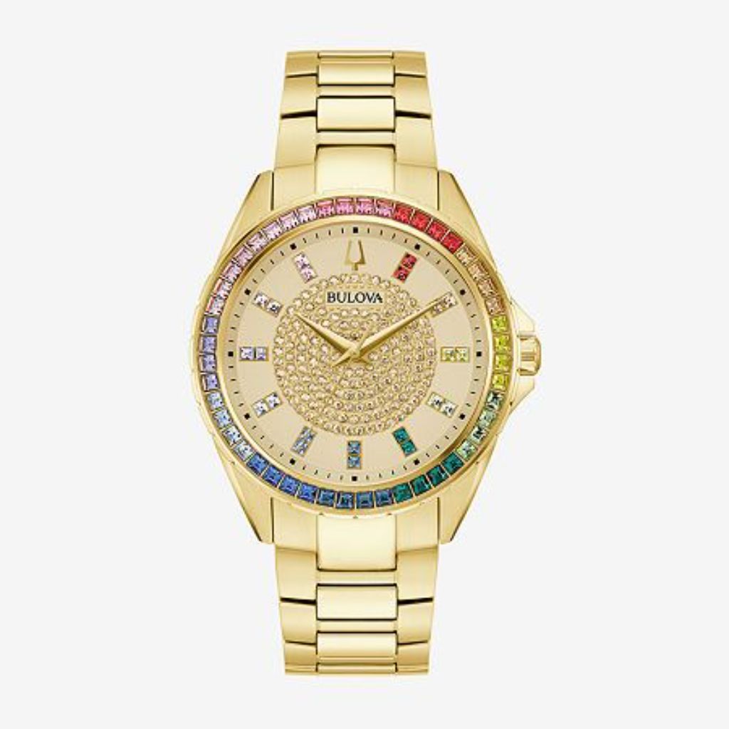 Bulova Men's Crystal Phantom Gold Tone Stainless Steel Watch Rainbow Crystal Bezel