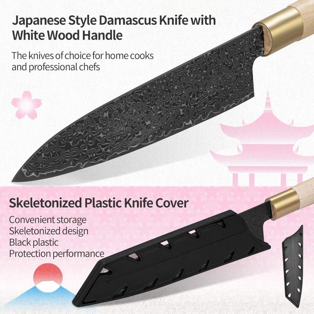 FULLHI Japanese Knife Black Damascus Steel with Sheath, handforged Blade Wood Handle Gyutou sashimi Chef Knife Kitchen Knife with Box for man women gift