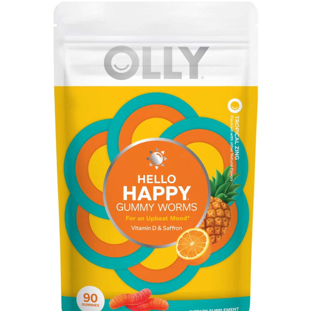 OLLY Hello Happy Gummy Worms  Mood Balance Support* Supplement  30 mg Saffron Extract  Vitamin D  Tropical Zing flavor with other natural flavors  90 Ct