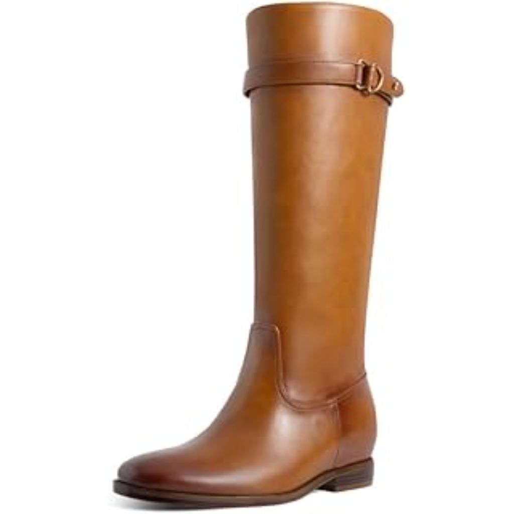LOHEK Fall Brown Boots for Women Knee High Casual Faux Leather Elastic Stretch Riding Boot Chunky Block Winter Boots for Women 2025, Size 8.5