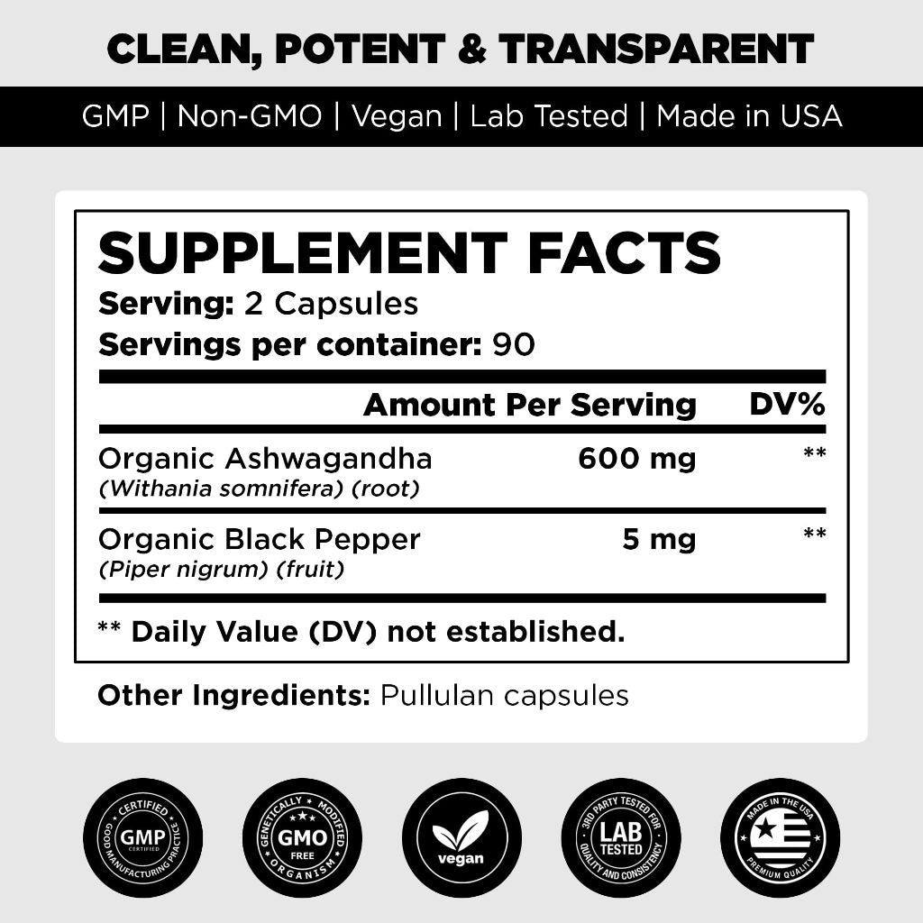 Organic Ashwagandha 1300mg with Black Pepper - 90 Vegan Capsules