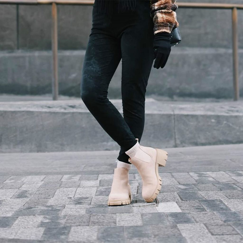 Juliet Holy Womens Lug Sole Platform Ankle Booties Chelsea Slip on Chunky Block Heel Leather Combat Boots