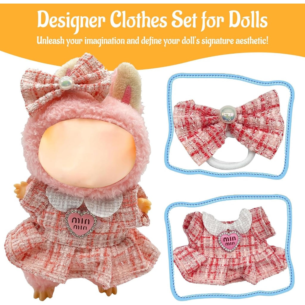 Plush Doll Clothing & Accessories Set for 17cm Dolls - Designer Style with Bow-Pink