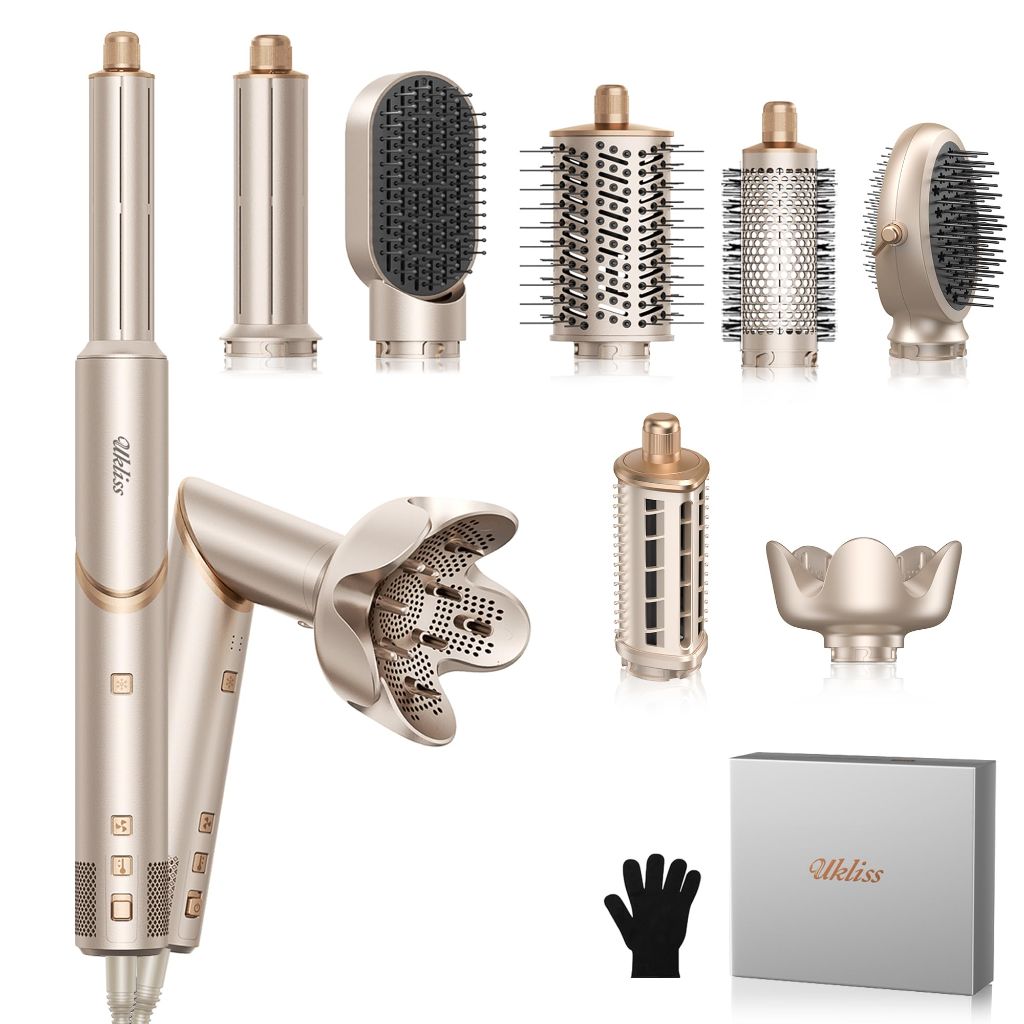 Ukliss 8 in 1 Hair Dryer Brush & Multi Hot Air Styler–Foldable 110,000 RPM Blow Dryer Brush Tool Set with Diffuser Auto-Wrap Curler for Fast Drying Curling Straightening Hair Daily Styling (1.25'')