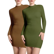 Ullnoy 2 Pack Women's Mock Neck Long Sleeve Bodycon Dress, Coffee/Army, S