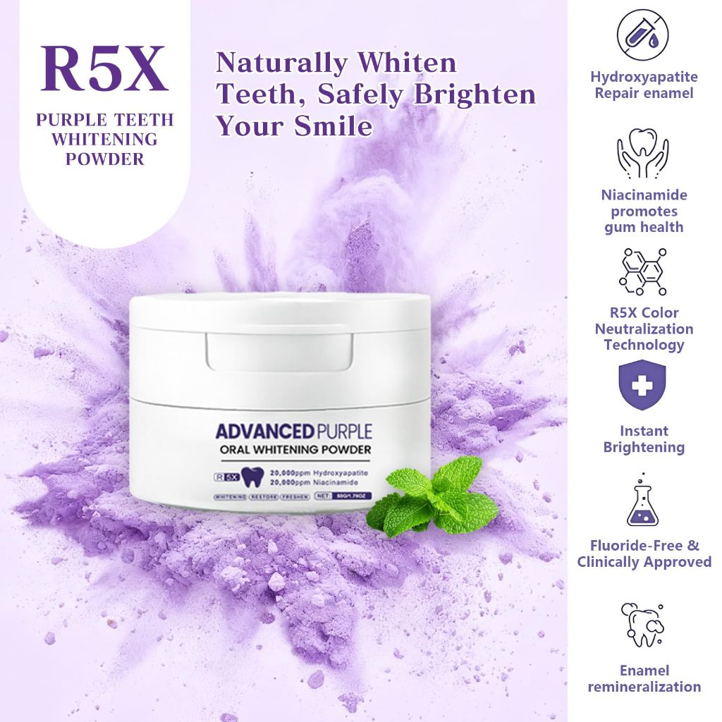 2 PCS Teeth Whitening Powder, R5X Advanced Purple Color Balance Toothpaste,  * 50 Grams
