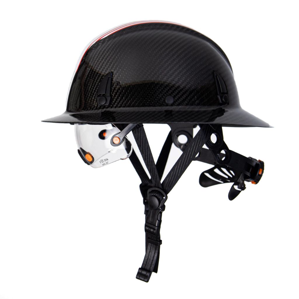 Saffas Carbon Fiber Full Brim Hard Hat Safety Helmet with Goggles and Leather Chin Strap 6-Point Suspension Adjustable Knob with Neck Protection (White)