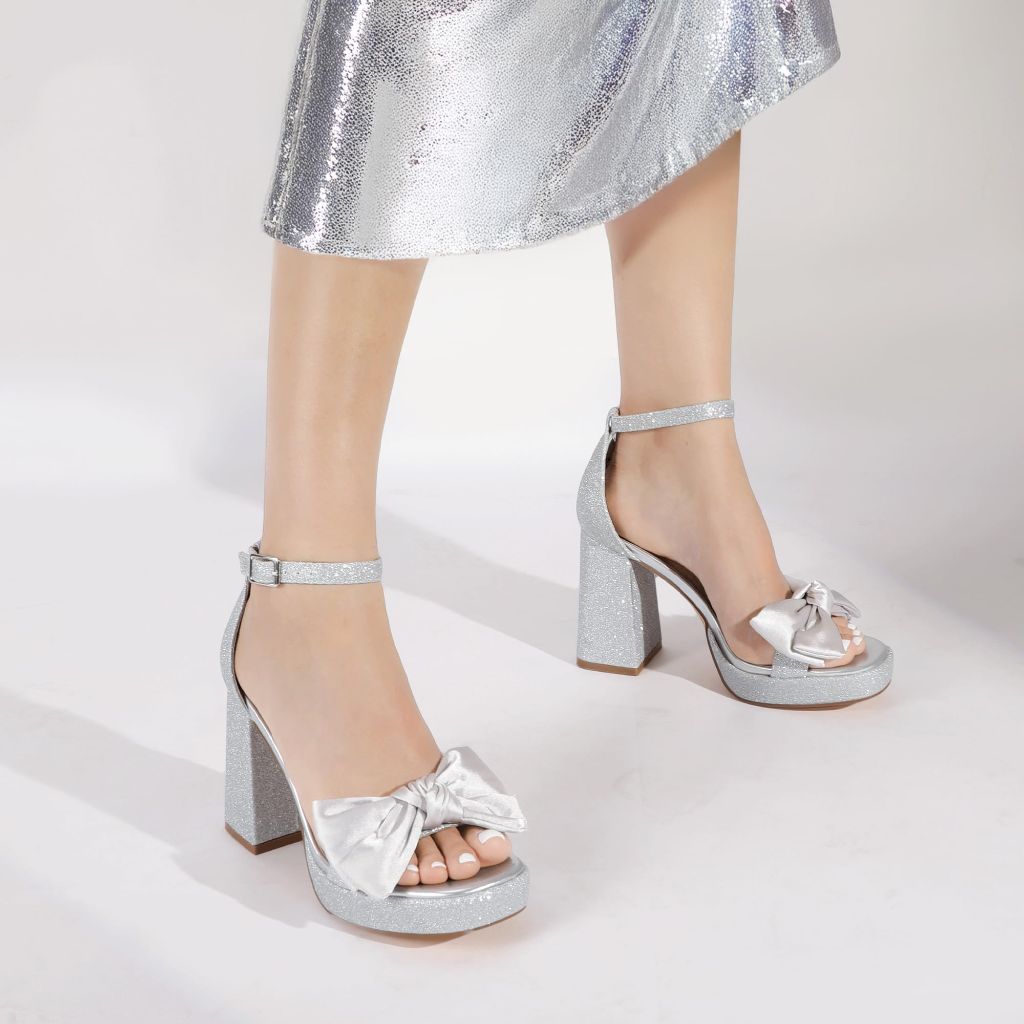 Mofri Showhow Platform Chunky Heels Women's Chunky High Heel Sandals Ankle Strap Open Toe Pump Bowknots Wedding Sandals for Wedding Bridal Party(Silver Glitter,7.5)