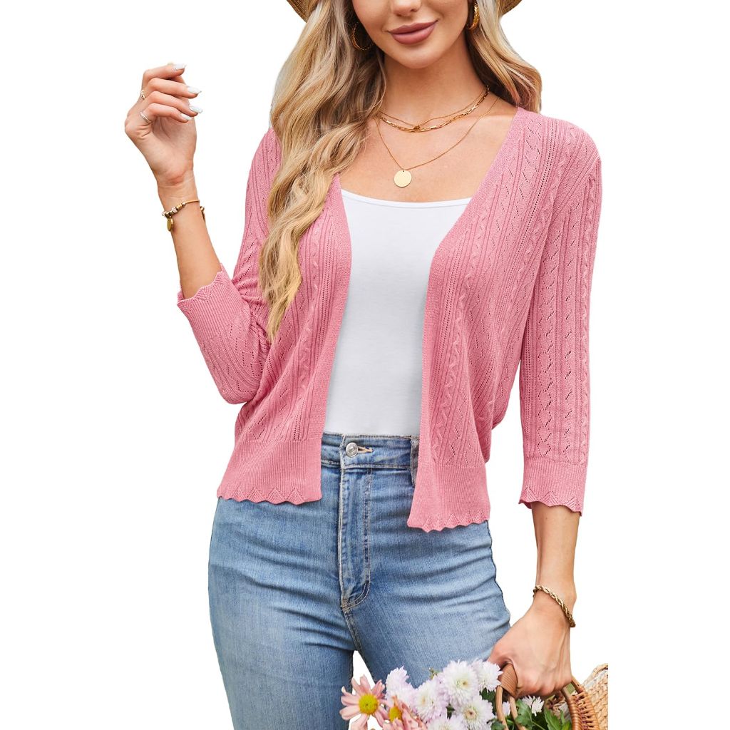 Arach&Cloz Women's 2024 Lightweight Summer Cardigan 3/4 Sleeve Crochet Patterns Knit Shrug Sweater Tops (Pink,L)