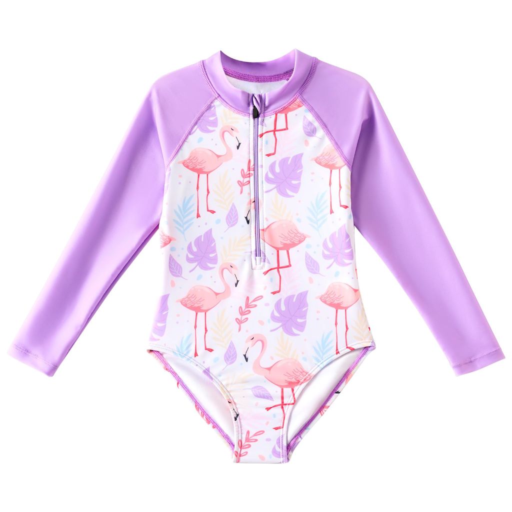 SZ 7Y, Angel season Girls Long Sleeve Bathing Suit Rash Guard | Zipper Flamingo Purple