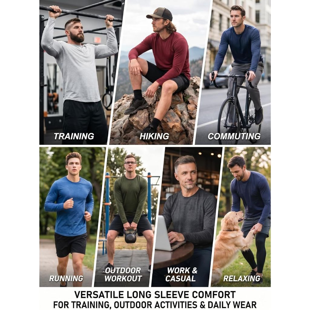 6 Pack Men's Quick Dry Long Sleeve Shirts, Medium