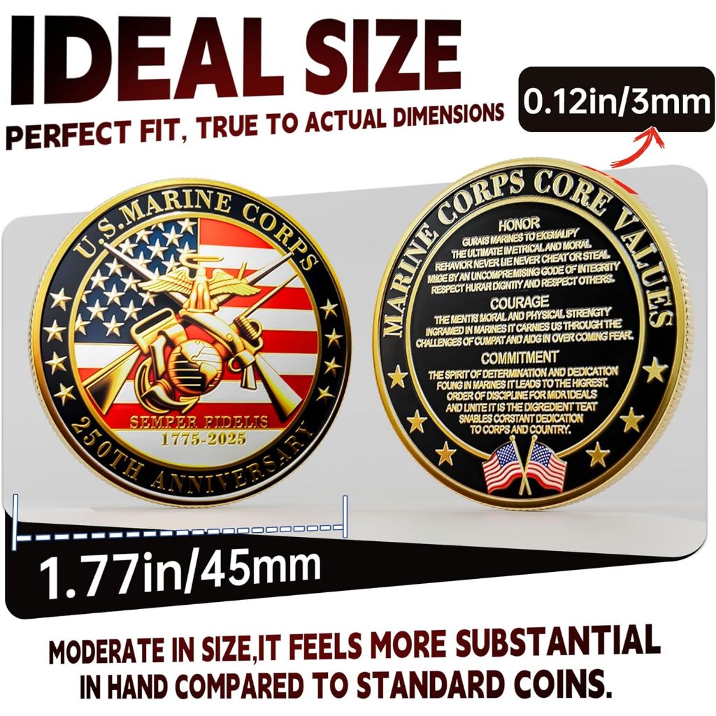 US Marine Corps 250th Anniversary Commemorative Coin 1.77" High-Relief with Gift Box, Protective Capsule, Display Stand & Info Card