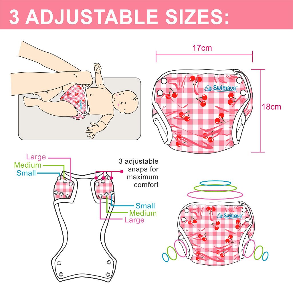 Swimava S1 Baby Swim Diaper - Reusable and Adjustable Fit for 18-31 lbs Infants (Cherry)