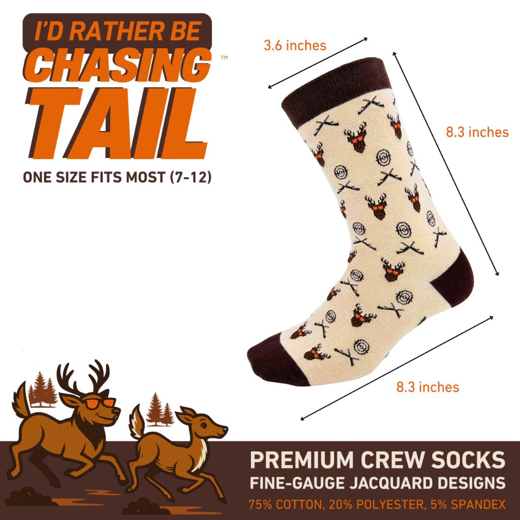 I'D RATHER BE CHASING Funny Hunting Socks for Men, Novelty Mens Crew Sock, Fun Deer Themed ( One Size)