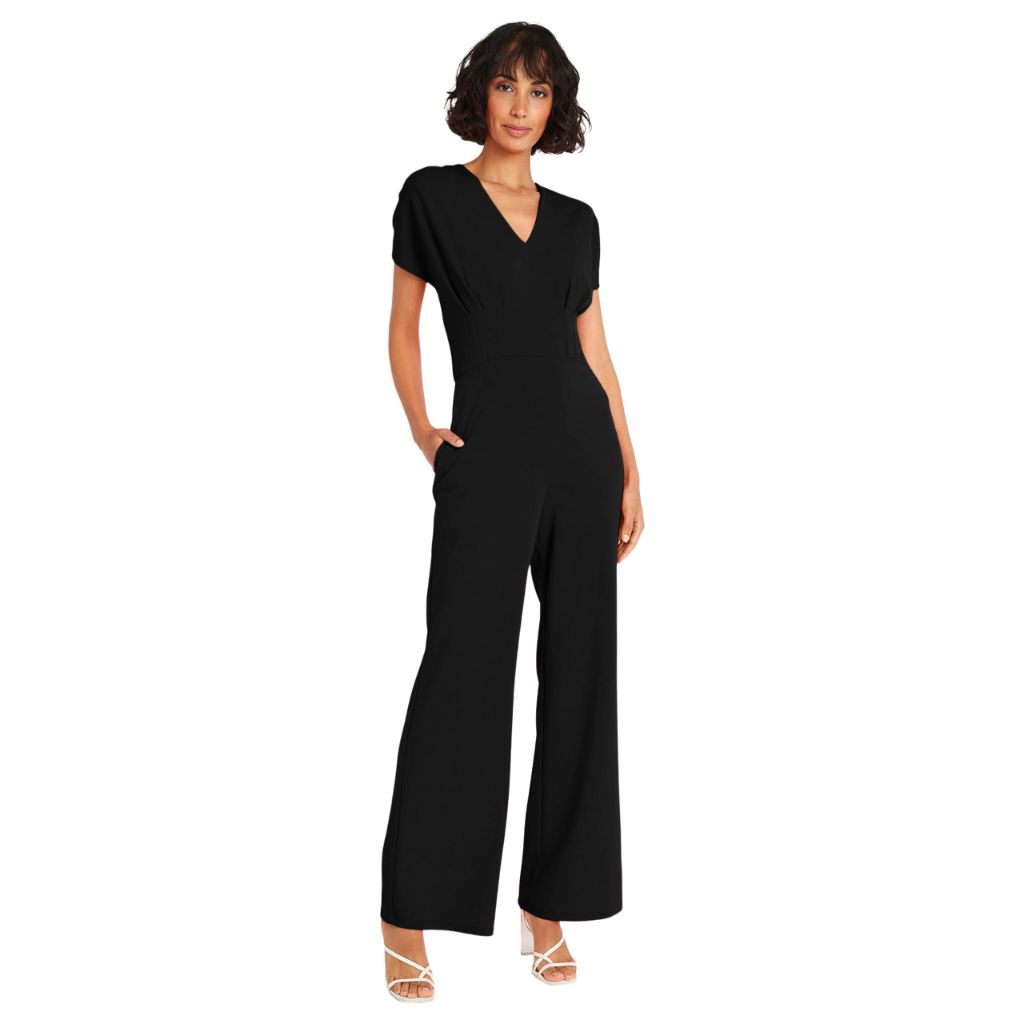 Maggy London Women's Dresses Stylish V-Neck Dolman Sleeve Jumpsuit with Wide Pant Legs and Pockets, Black, 18