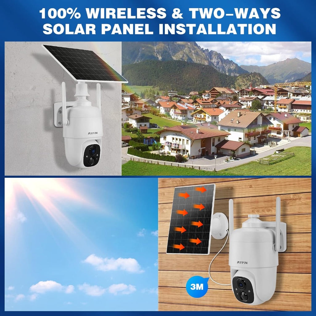 Solar WiFi Security Camera Outdoor, 2MP Pan Tilt 360° Color Night Vision View IP65 Waterproof Rechargeable