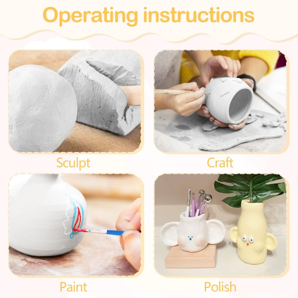 CUUREE Air Dry Clay Kit for Adults Home Pottery Kit for Beginners DIY Crafts Kit Set Includes: Air-Dry Clay Tools Paints Brushes Varnish Guides