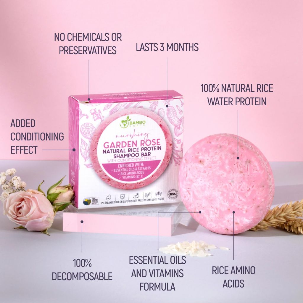 BAMBOEARTH Solid Rice Protein Shampoo Bar Soap With Conditioner (Rose)