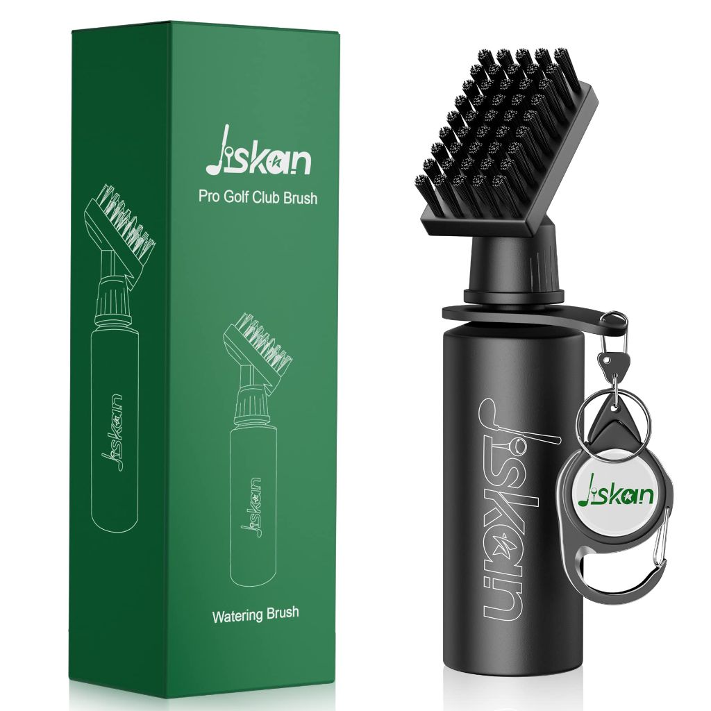 Jiskan Pro Golf Club Brush Cleaner with Retainer Clip and Squeeze Water Bottle 7.5 Inches Holds 4oz of Water