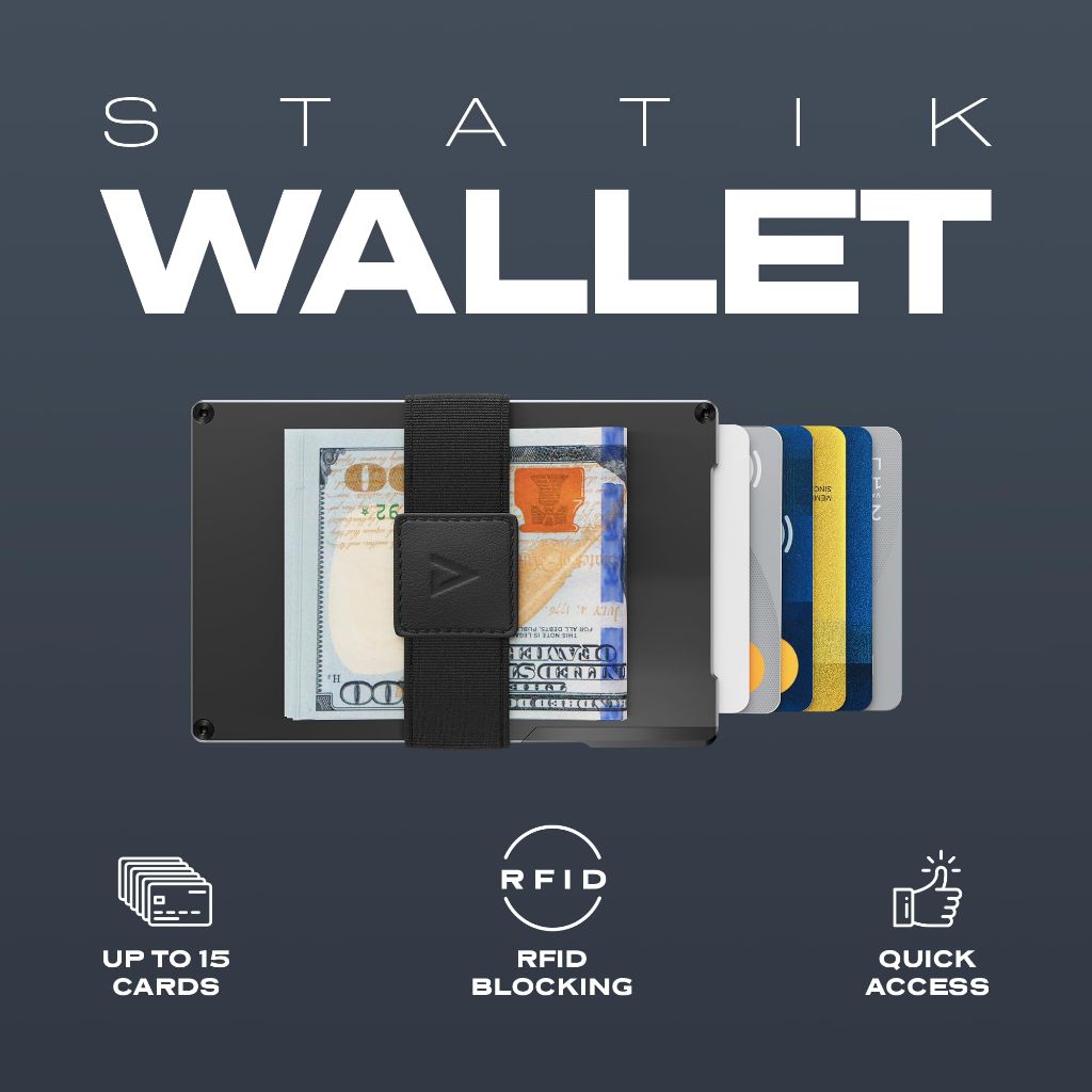 Statik Pop Up Wallet for Men - Push Button For Card Access Minimalist Slim RFID Blocking Card Holder, Black Aluminum