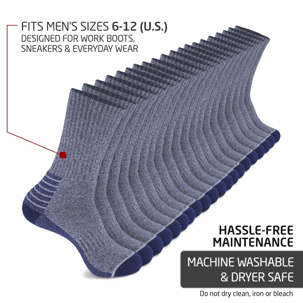 HOT FEET Work Socks for Men – Boot Crew Cotton Socks, Cushioned & Moisture Wicking, Durable 10-Pack, Size 6-12.5, Gray Blue