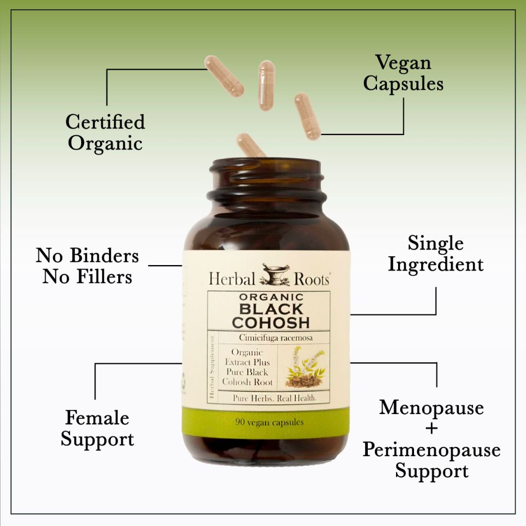 Herbal Roots Organic Black Cohosh Root | Extra Strength | Menopause and Menstrual Support for Women | 90 Capsules, Vegan