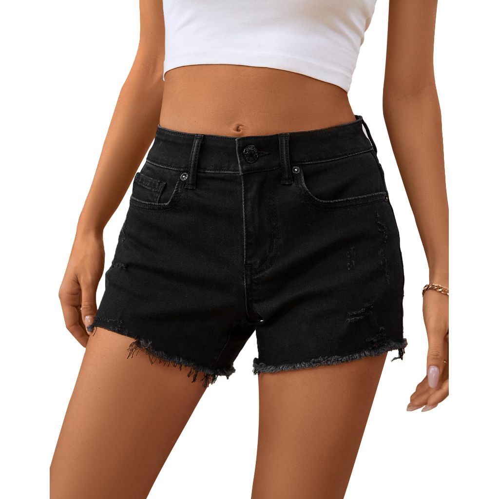OFLUCK Women's High Waisted Ripped Frayed Raw Hem Stretch Denim Shorts - Black, Size 2