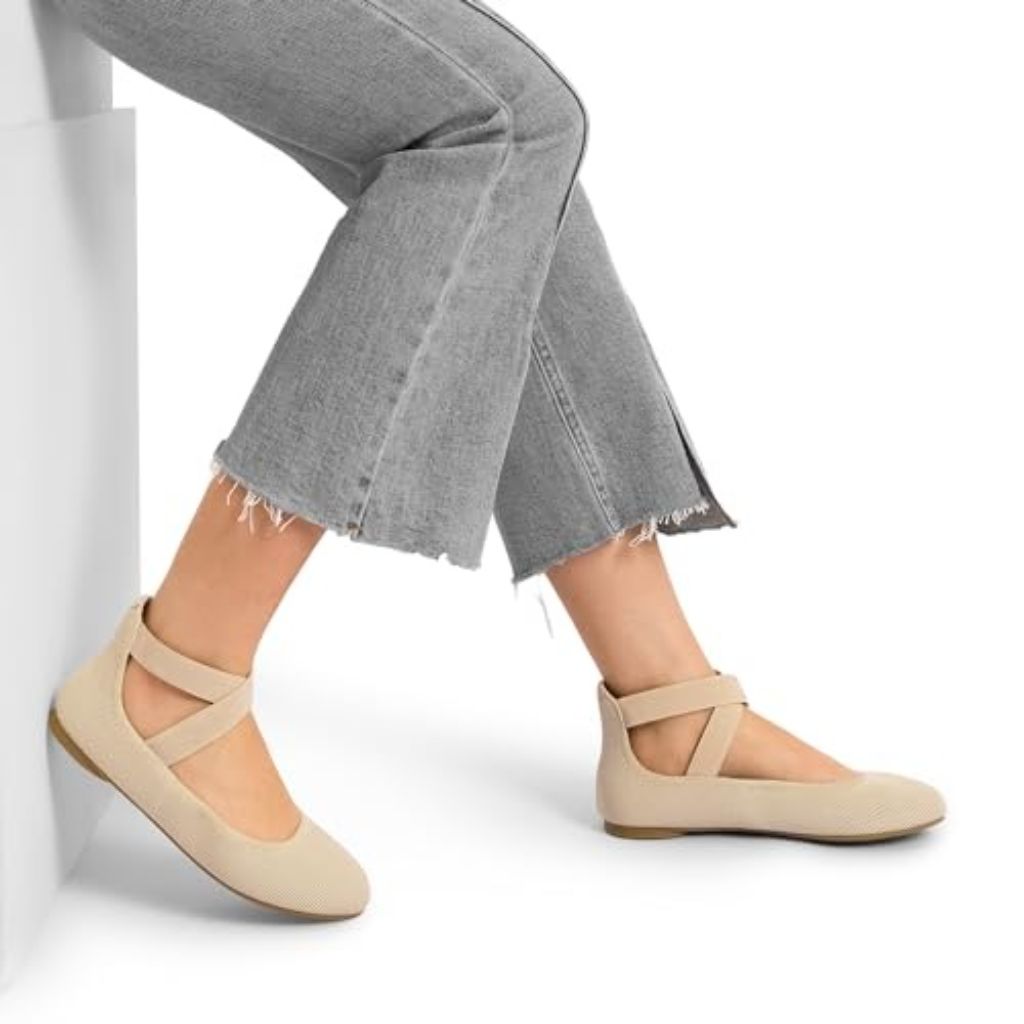 DREAM PAIRS Women's Comfortable Fashion Elastic Ankle Straps Flats Shoes, Size 8, Nude-Knit