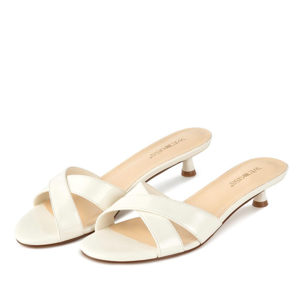 Wetkiss White Heels Womens Heeled Sandals Open Round Toe Slip on Kitten Heel Mules Low Heel Strappy Heels for Women Cross Strap Slide Sandals Backless Mule Flats, Size 6