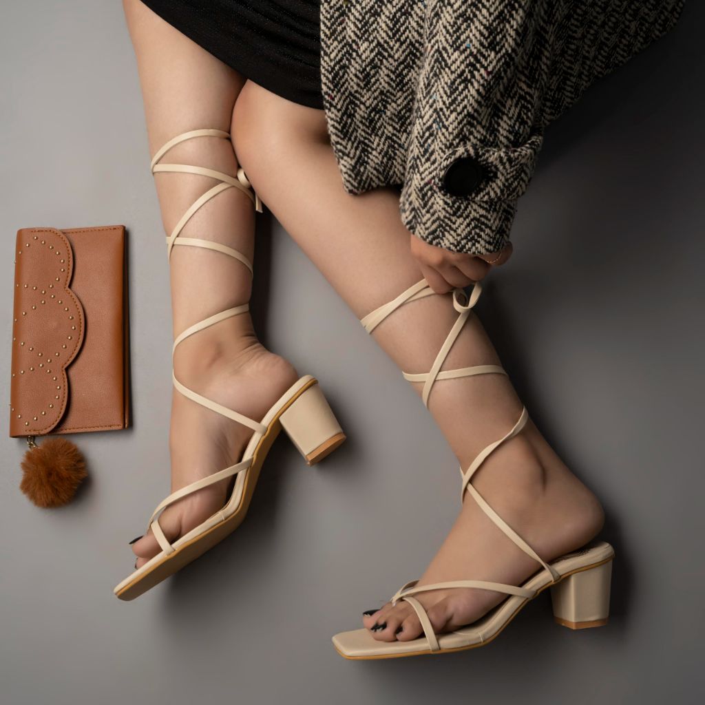 STYLESTRY Women’s Beige Block Heels – Lace Up Strappy Chunky Sandals, (Size5)