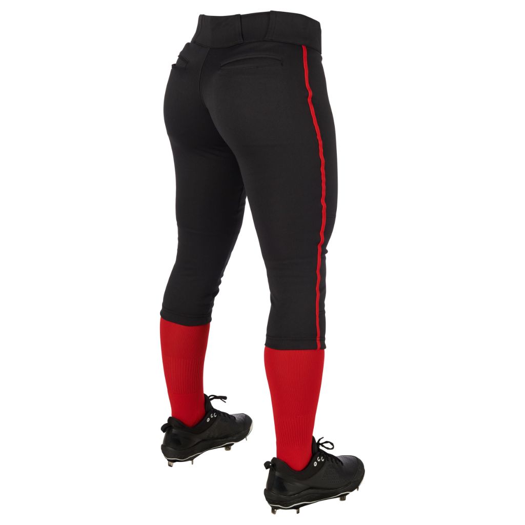 Champro Girls' Standard Tournament Low-Rise Youth Softball Pants with Braid, Black, Scarlet Pipe, Small